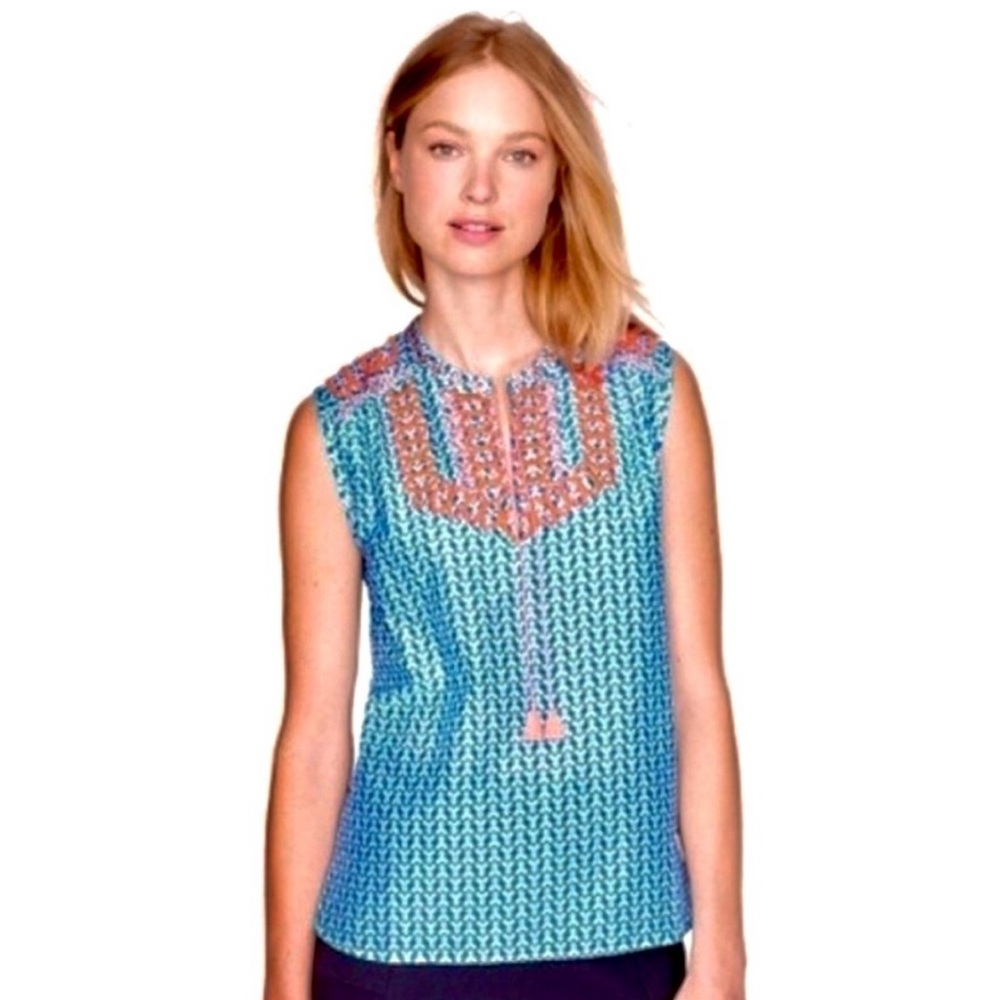 J. Crew 100% Cotton Blue Pink Tassle Embroidered Tank 0